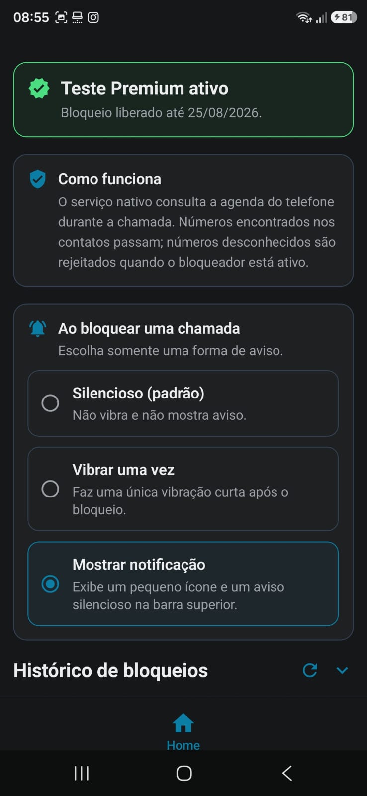 Tela com opções de aviso ao bloquear chamada