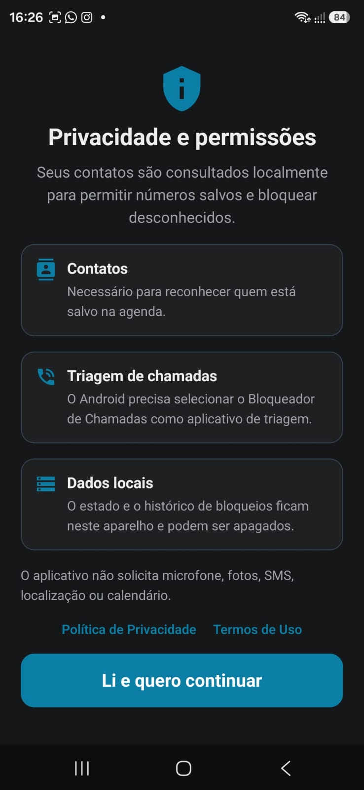 Tela de privacidade e permissões do aplicativo