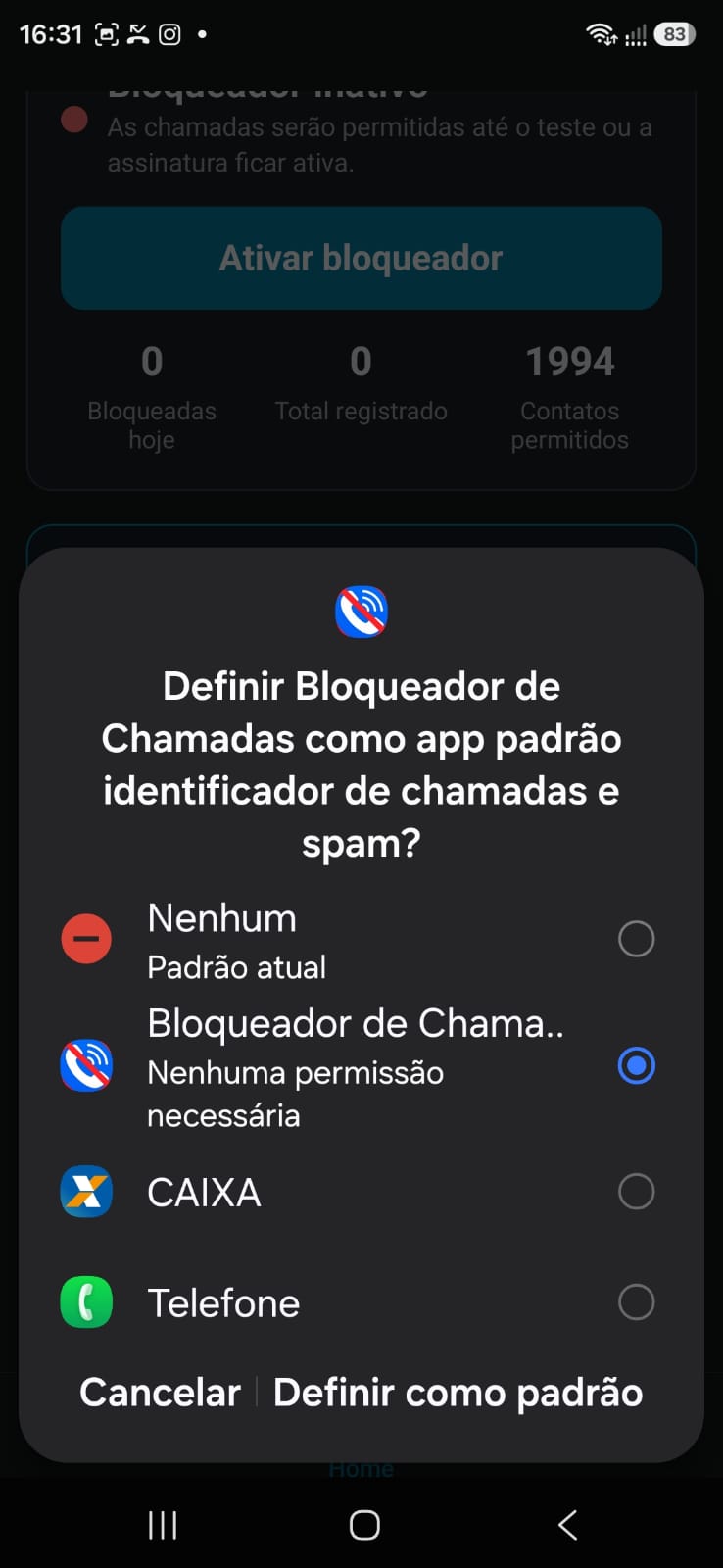 Configuração do Android para definir o app como identificador de chamadas